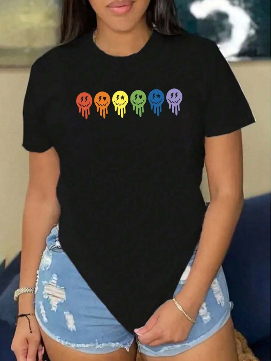 Camiseta Mujer Seis Empresa Fantasma Impresión Cara Primavera y Verano Casual Suelta Cuello Redondo Manga Corta - Negro - Ver 1