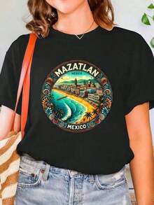 Camiseta Con Estampado Del Destino De Crucero Mazatlán México, Cuello Redondo, Para Verano, Top De Manga Corta Sue Para Mujer, Camiseta Gráfica Cómoda Y Con Estilo Para Mujeres Round Neck Printed Short Sleeve Casual Everyday T-Shirt, They Are Excellent Gifts For Friends And Family,100% Cotton T-Shirts Feature, A Youthful And Fashionable Design Blusas Para Mujer Camisa - Negro - Ver 6