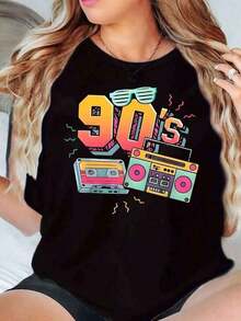 ropa de mujer Moda, Versátil, Camiseta Gráfica de Cuello Redondo para Mujer con Temática de los 90, con Estampados de Cintas y Reproductor de Casetes, Ropa Casual Retro para Fiesta, Tops, Verano, Camisetas Gráficas, Top, Motivo, Conjuntos de Verano para Mujer, Tops, Camisetas de Verano para Mujer - Negro - Ver 1