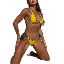Nuevo bikini de dos piezas sexy, sin tirantes, sin espalda, con cordones y detalles de encaje negro en bloques de color. - rosa - Ver 6
