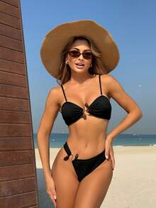 Bikini de dos piezas con diseño sexy, hueco, con cuentas, de color sólido y textura acanalada TUME - Negro - Ver 12