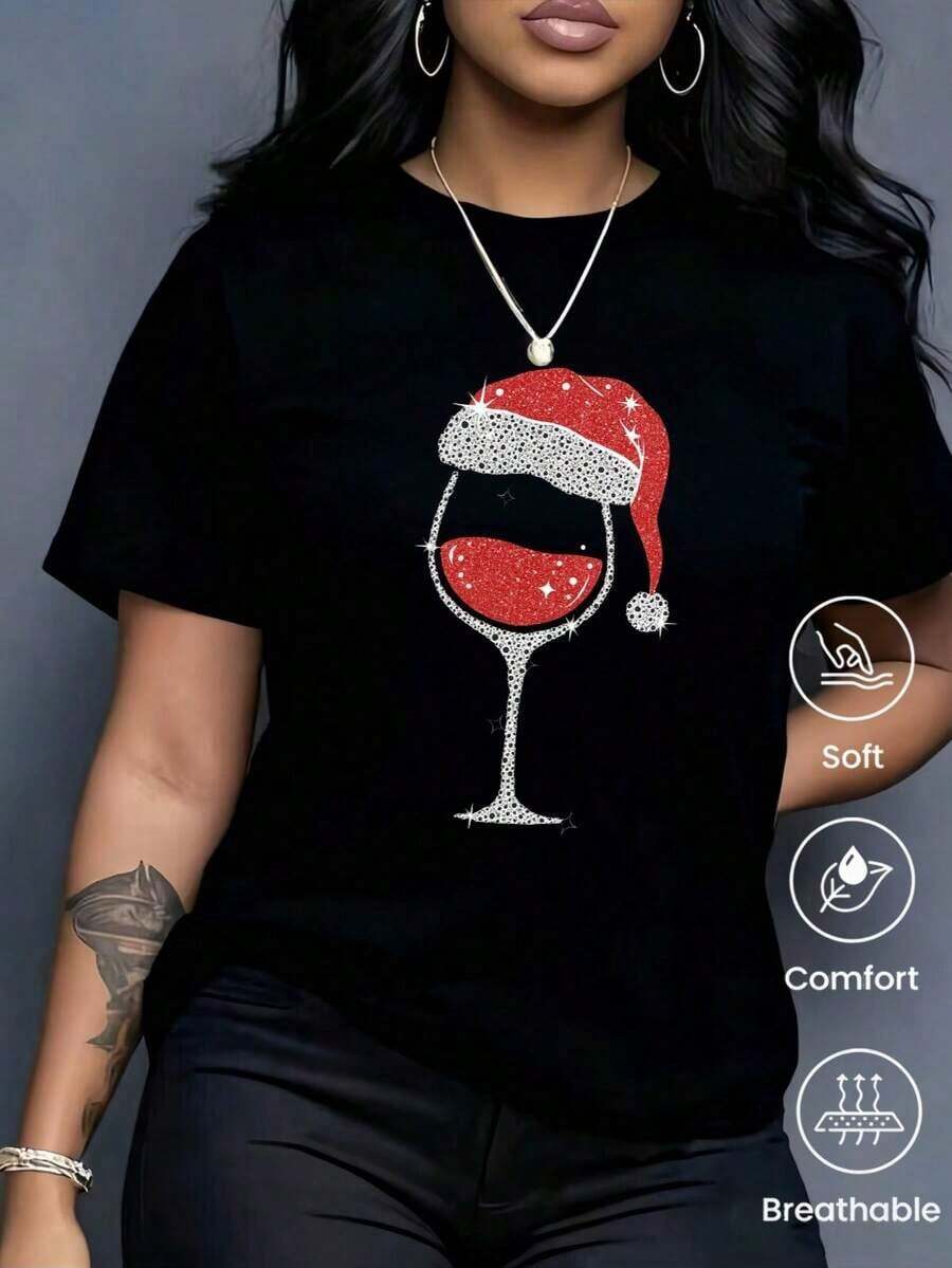 180g, fabricado en México, camiseta de manga corta de la colección Primavera-Verano 2025, con estampado navideño de personajes animados, diseño para parejas, apta para usar por dentro o por fuera, estilo casual de oficina, cuello redondo, disponible para hombres y mujeres, prenda individual. - Negro - Ver 1