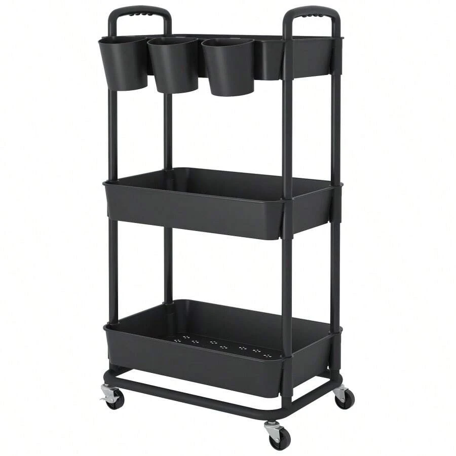 Plastic Rolling Storage Cart Utility Cart With Extra Hanging Cups Handles Lockable Wheels For Living Room Bathroom Kitchen Office - 黑色 - View 1