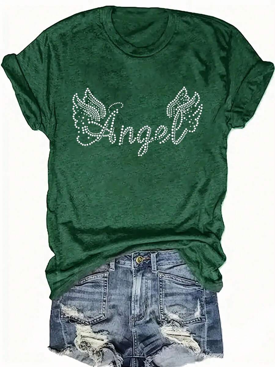 Talla Grande - Talla Grande - Camiseta Casual de Talla Grande con Mangas Cortas y Estampado de Letras, Adecuada para Verano y Primavera, Ropa de Talla Grande para Mujer - Verde - Ver 1