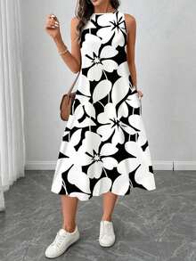 Vestido casual de mujer con estampado floral de cuello redondo y longitud media, adecuado para primavera/verano, apropiado para salir, vestido elegante, casual - Multicolor 2 - Ver 6