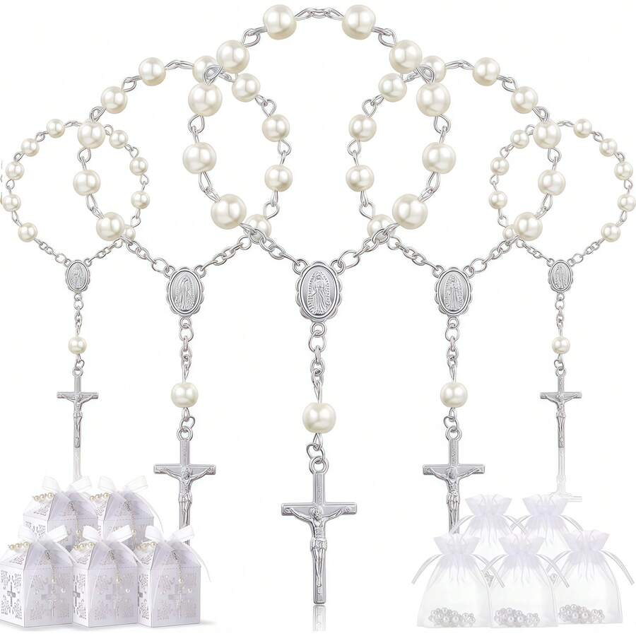 5 Sets/10 Sets Taufe Gastgeschenk Set, Acryl Rosenkranz, Kunstperle, mit Organza Beutel und Kreuz Taufe Gastgeschenk Box