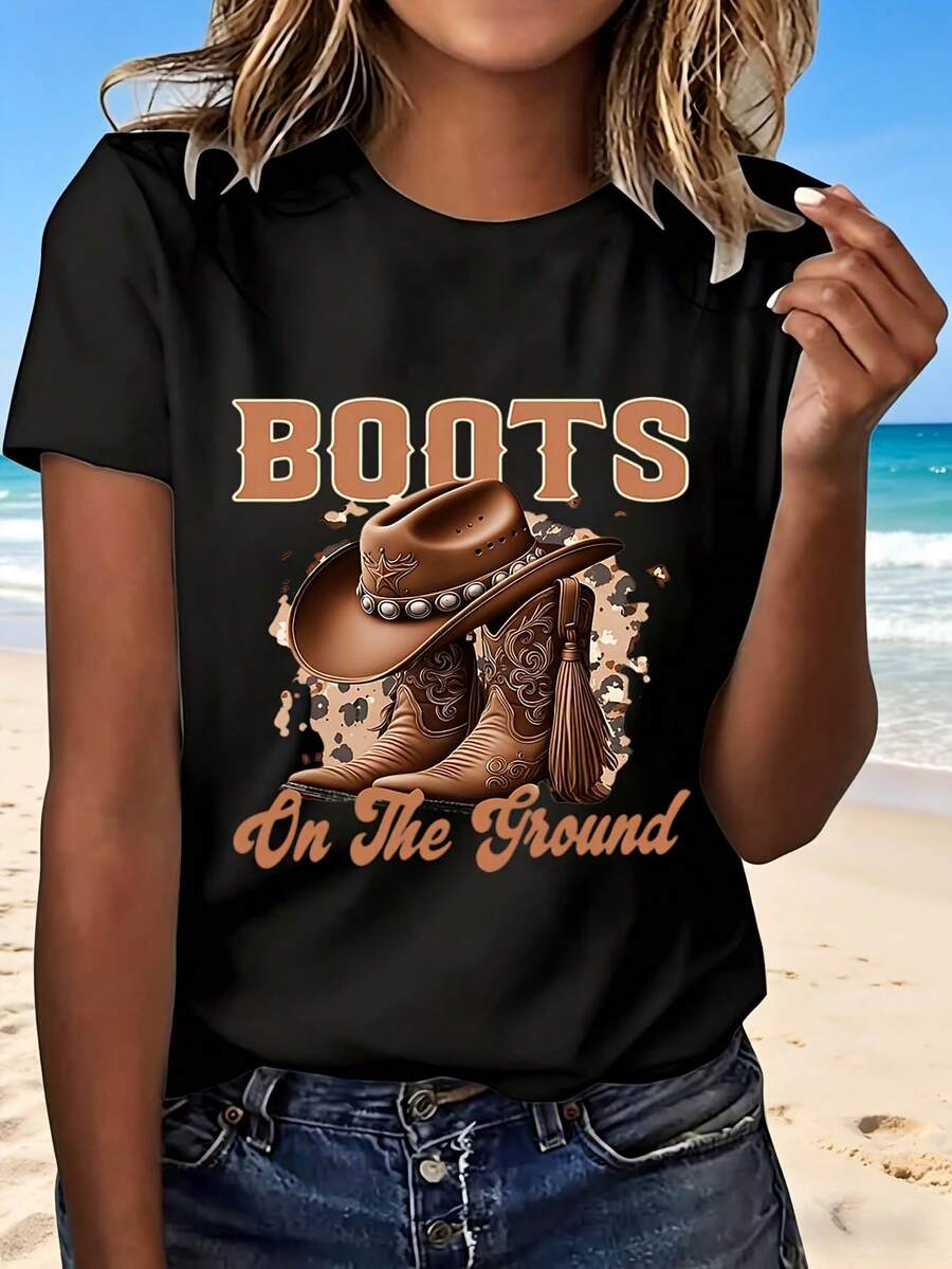 Boots On The Ground Cowboy Hat And Boots Print T Shirt With Fashion Design Casual Wear For Beach Outing Perfect Gift - Negro - Ver 1