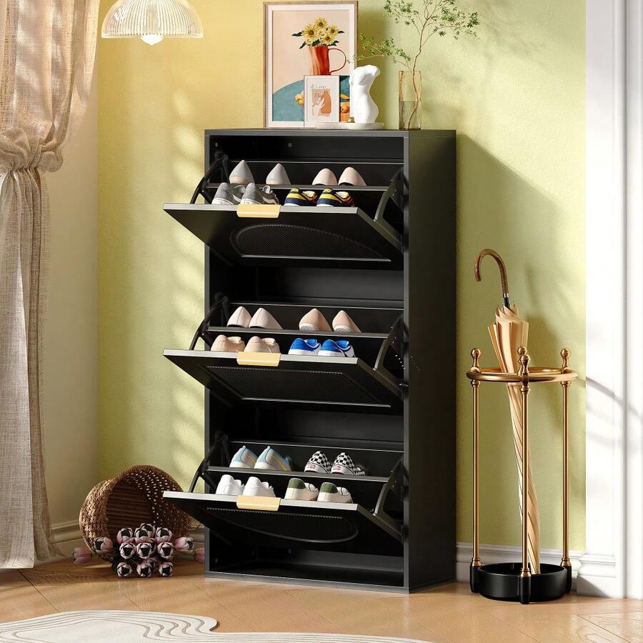 Schuhkipper Schmal mit 3 Klappen, Schuhschrank, Schuhschrank Weiss Schuhkommode für Flur Wohnzimmer - Schwarz + MDF - Übersicht 1
