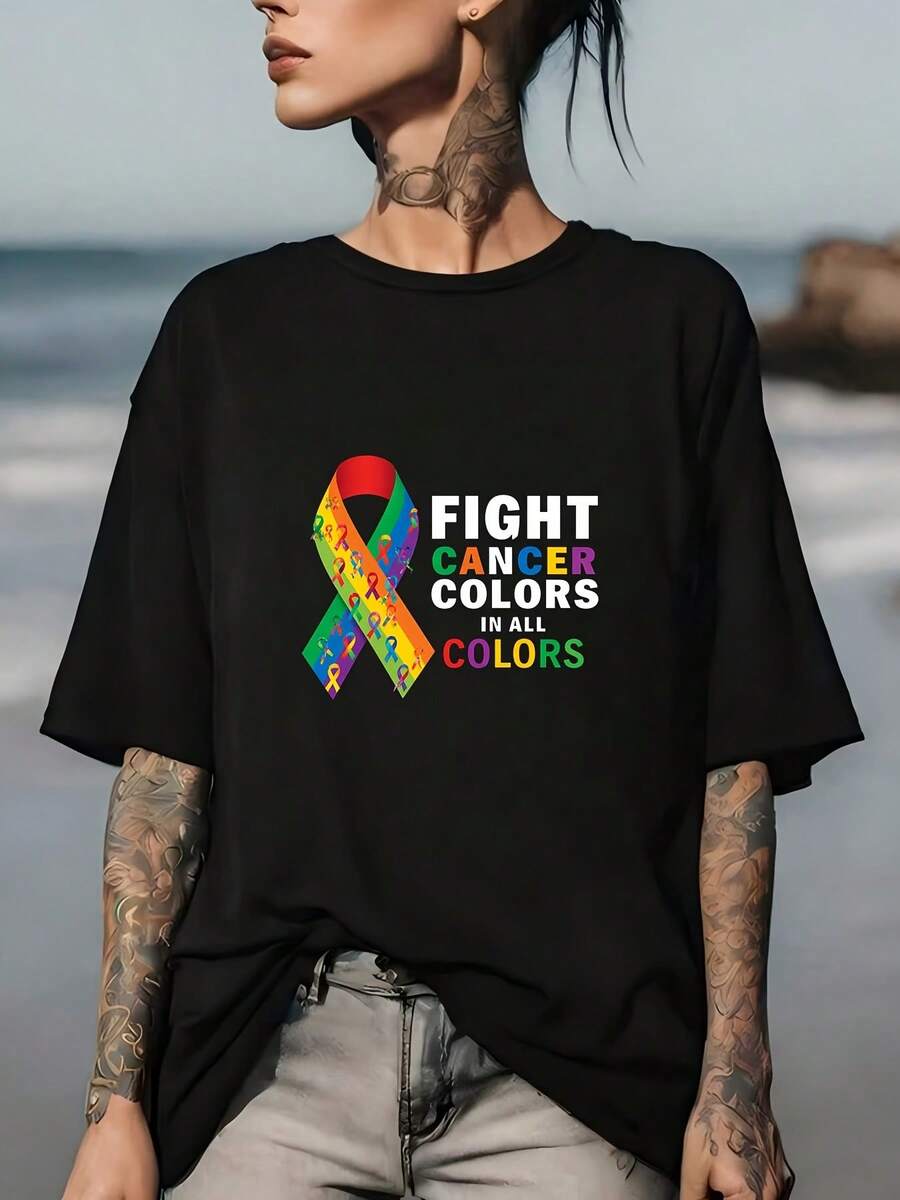 Camiseta Unisex Estampada Anti-Cancer Rainbow 180g Temática del Mes del Orgullo | Ideal para eventos familiares y corporativos | Camiseta de manga corta de una sola pieza - Negro - Ver 1