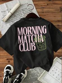SimpieAndVersatileDesign[Front And Back Double Image] Unisex Double-Sided Printed Spring Summer Casual Women's Top Fresh Style Matcha Ice Drink Morning Matcha Club Printed Round Neck Short Sleeve T-ShirtCottonT-Shirt - Negro - Ver 3