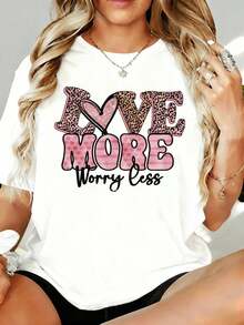 Camiseta Blanca para Mujer con Diseño de Corazón y Estampado de Leopardo "Love More Worry Less", 180g, para Ocio, Hogar, Aire Libre, Regalo para el Día de San Valentín o Fiesta - Blanco - Ver 1