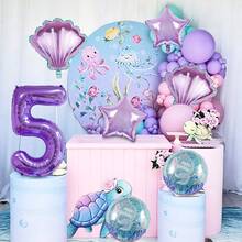 7pcs Ocean Theme Balloon Set, Includes Purple Seashell, Purple Pentagram, Ocean Creature Round Balloons And Purple Numbers 1-9, Suitable For Ocean Theme Birthday, Birthday Party, Mermaid Theme Party, Beach Party, Underwater Party, Photo Booth Decor - Multicolor - View 5