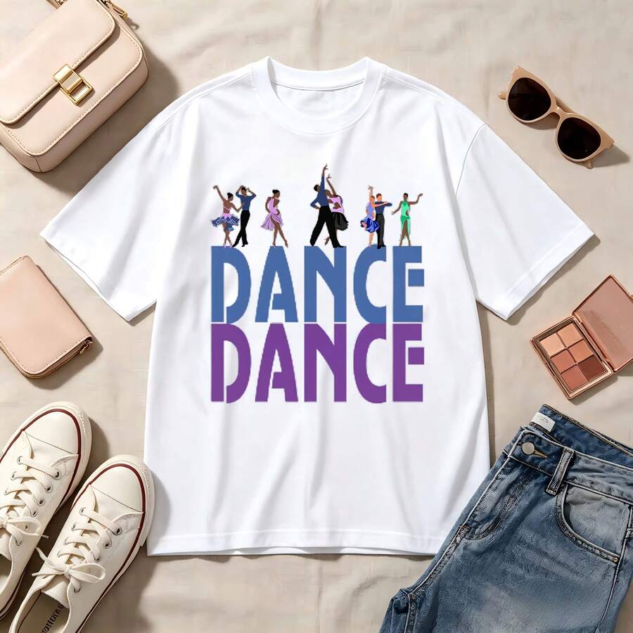 Retro Dance Dance, 100% Cotton, Oversized, Soft Breathable, Casual Crewneck, Short Sleeve Top, Summer Vibes, Streetwear, Dance Lovers - Blanco - Ver 1