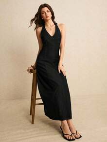Vestido de mezclilla casual y sexy con espalda descubierta y cuello halter para mujer, de verano - Negro - Ver 6