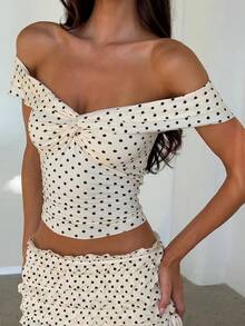 Women Y2K Polka Dot Off Shoulder Crop Top Coquette Twist Front Ruched Slim Fit Ruffled Sleeves Summer Going Out Top - White - View 6