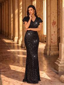 UNITHORSE Đầm dạ hội dài màu đen lấp lánh đính sequin, cổ chữ V, tay bồng, sang trọng, thích hợp cho tiệc cưới, lễ tốt nghiệp, tiệc tối mùa xuân. - màu đen - Xem 1
