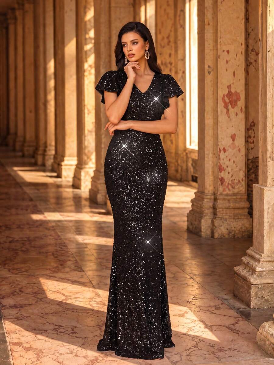 UNITHORSE Đầm dạ hội dài màu đen lấp lánh đính sequin, cổ chữ V, tay bồng, sang trọng, thích hợp cho tiệc cưới, lễ tốt nghiệp, tiệc tối mùa xuân. - màu đen - Xem 1