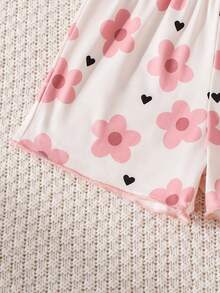 4 Stück/Set süßer Neugeborenen Baby rosa Herz & Blumen Muster Kurzarm Strickjacke + bequeme Shorts Pyjama Set, Kleinkind Hauskleidung - Verschiedenfarbig - Übersicht 7