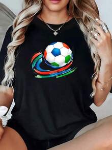 Balón de fútbol con trazos en movimiento que representan la energía del juego y la unión de los colores de la pasión deportiva camiseta de mujer casual cómoda y moderna para fanáticas del deporte - Negro - Ver 6
