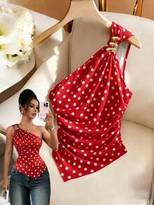 Blusa/Top/Camiseta asimétrica con estampado de lunares rojos, cuello asimétrico/asimétrico, decoración de botones metálicos, plisado asimétrico, adecuado para el Día de San Valentín, citas, vuelta al cole, verano, playa, vacaciones, lunares retro - Rojo - Ver 7