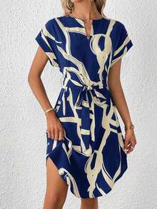 Vestido casual para primavera/verano de mujer con cuello de solapa, estampado y cinturón - Azul marino - Ver 3