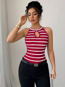 Camiseta ajustada y sexy con diseño hueco y cuello halter a rayas para mujeres - Multicolor - Ver 5