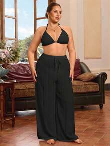Conjunto de túnica y pantalones de talla grande para mujer, de unicolor, minimalista y anudado, para vacaciones y actividades de ocio - Negro - Ver 4
