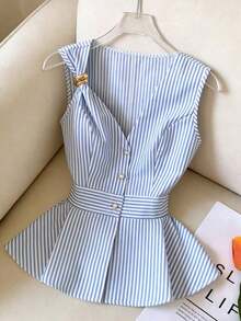 Blusa casual sin mangas con cuello en V, botones metálicos en la cintura y diseño de rayas de lino de lujo, elegante moda de verano 2026 para mujeres - Azul y blanco - Ver 4
