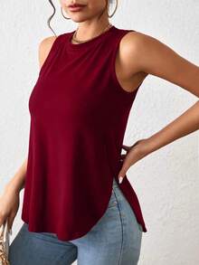 1 pieza Camiseta casual de mujer de cuello redondo y bajo con abertura lateral de un solo color - Burdeos - Ver 4