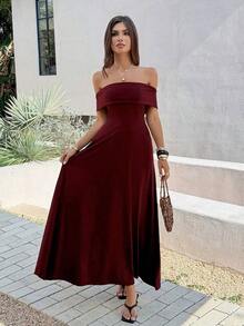Vestido de mujer de unicolor con hombros descubiertos, nuevo vestido largo elegante y ajustado sin espalda para fiestas, uso diario y citas - Burdeos - Ver 9