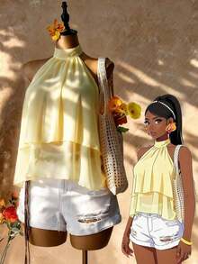 Blusa con cuello halter amarilla, blusa elegante con cuello halter, bajo con volantes en forma de A y cuello con lazo, camisa casual de oficina de color amarillo claro, blusa con cuello halter y espalda descubierta para playa y vacaciones - Amarillo claro - Ver 8