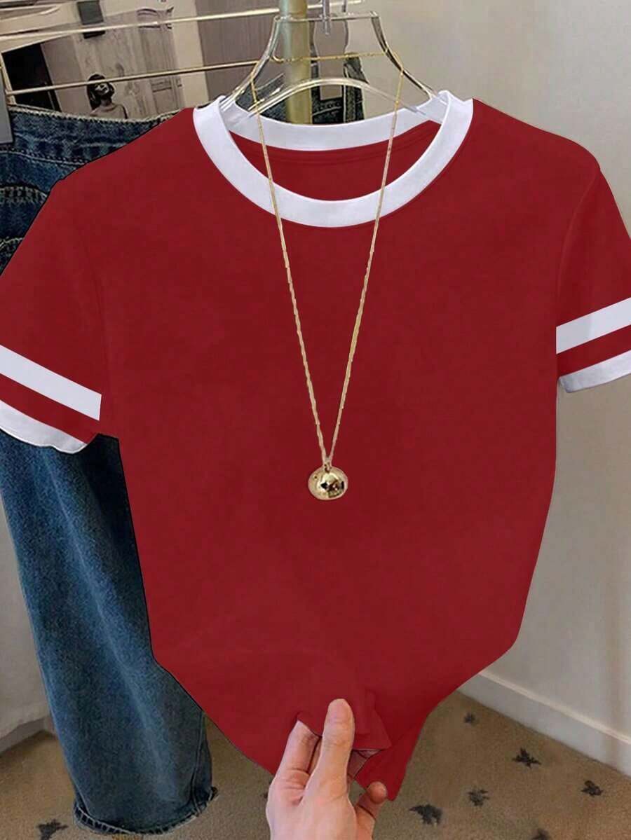 Camiseta de mujer de manga corta con cuello redondo y bloque de color, casual de verano - Multicolor 2 - Ver 1