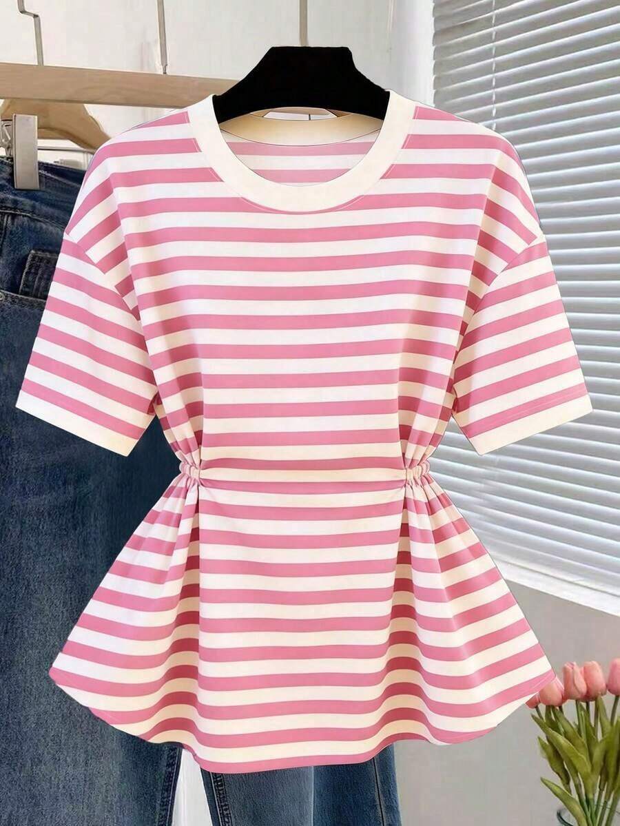 Camiseta de manga corta de cuello redondo con cintura a rayas, casual de verano para mujer - Rosa - Ver 1