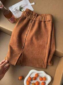 Minifalda de unicolor negro minimalista con diseño de falda pantalón para mujer talla grande, ropa casual de uso diario para invierno - Marrón - Ver 7