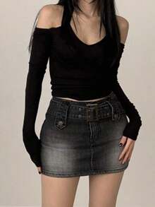 Camiseta de manga larga con hombros abiertos y pliegues de unicolor para mujer, ropa de mujer para verano y otoño - Negro - Ver 5