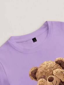 Conjunto de camiseta de manga corta con cuello redondo y estampado de oso de dibujos animados, y pantalones a rayas con cordón en la cintura para mujer - Morado - Ver 4