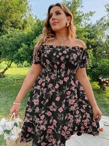 Vestido con estampado floral, hombros descubiertos, volantes fruncidos y bajo con volante para vacaciones y playa para mujer talla grande - Negro - Ver 6