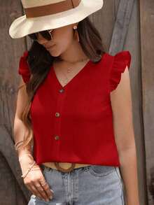 Clasi Blusa de manga abullonada de unicolor casual para vacaciones de verano - Rojo - Ver 5