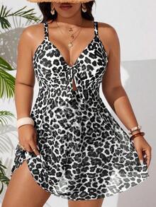 2026 Traje de baño de una pieza con efecto estilizante para tallas grandes| Estampado de leopardo clásico de estilo retro salvaje| Escote en V con lazo ajustable en la parte delantera para realzar el busto| Abertura frontal + dobladillo d - Multicolor 5 - Ver 1