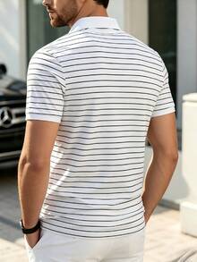 男士夏季條紋 Polo 衫｜領口短袖休閒上衣，適合海灘、高爾夫、戶外、日常與街頭運動穿著 - 黑與白 - 查看 2