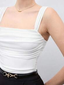 Nueva llegada Primavera/Verano Blusa de tirantes finos con cuello cuadrado y cintura ceñida para mujer, diseño elegante y único, adecuado para oficina, viajes, ocasiones formales, fiestas, bodas, conciertos, uso casual - Blanco - Ver 7