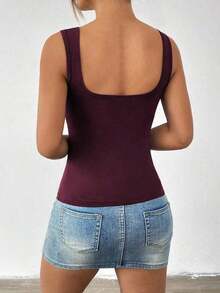 Camiseta sin mangas ajustada de unicolor con cuello cuadrado para mujer , Chaleco de unicolor minimalista y retro, Camiseta de punto sin espalda de moda de verano, Versátil y casual, Adecuado para el trabajo y el transporte - Morado - Ver 2