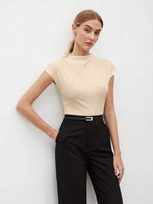 Camiseta de mujer de manga corta con cuello alto y mangas de murciélago, de unicolor, para uso casual de negocios, uniforme de maestro, ropa de oficina, escuela, top básico, estilo vintage - Albaricoque - Ver 10