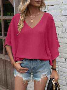 Camisa de manga corta de unicolor, cuello en V, holgada y casual para vacaciones - Rosa Fucsia 2 - Ver 3