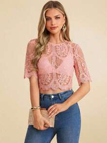 Blusa suelta de manga corta con encaje elegante para mujer, adecuada para la temporada de bodas, citas, primavera y verano, color: Blusa de verano casual de primavera y verano para mujer Blusa blanca Blusa bohemia Blusa de ojal Blusas de verano par - Rosa - Ver 5