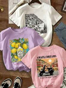 Single Item, Not A 3-Piece Set. Set Of 1.3 Women's Short Sleeve Graphic T-Shirts, Italian Style, Youthful Design, Round Neck, Modern Casual Style, Y2k T-Shirt Shirt. Suitable For Wearing On Labor Day And Mother's Day. - 白色 - 查看 1