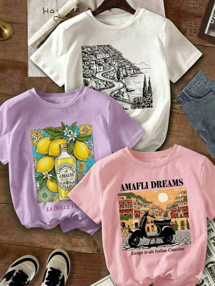 Single Item, Not A 3-Piece Set. Set Of 1.3 Women's Short Sleeve Graphic T-Shirts, Italian Style, Youthful Design, Round Neck, Modern Casual Style, Y2k T-Shirt Shirt. Suitable For Wearing On Labor Day And Mother's Day. - 白色 - 查看 1