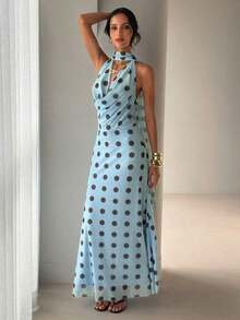 Vestido de mujer con cuello drapeado, línea A y espalda descubierta en color amarillo fluido - Azul - Ver 4
