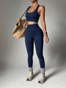 Conjunto de ropa deportiva de top de tirantes de cuello de pico y pantalones ajustados de cintura alta para mujer - Azul marino - Ver 6