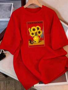 Women's Summer T-Shirt, A Casual Short-Sleeved Blouse With An Artistic Print Of Van Gogh's Sunflowers, With Squirrel And Vase Motifs, Perfect For Everyday Wear, Lightweight And Breathable, 100% Cotton. - 紅色 - 查看 6